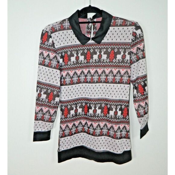 Unique Vintage Shirt Size Medium Gray White Red Winter‎ Fair Isle Collared - Picture 1 of 5